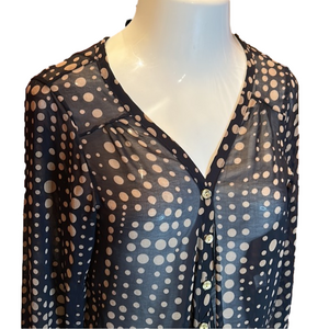 CELUI Sheer Navy Blue with Taupe Polka-dots Button Down Blouse